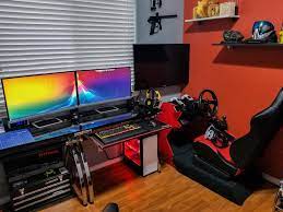 Here S My Gaming Setup With A Budget Racing Sim Diy Build Gaming Setup Gaming Room Setup Room Setup