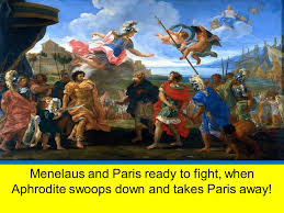 Just before menelaus was about to finish the job, aphrodite whisked paris away from the battlefield. Menelaus And Paris Ready To Fight When Aphrodite Swoops Down And Takes Paris Away 1