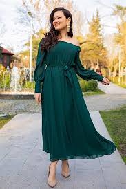 Kare Yaka Kusakli Sifon Elbise Yesil Sifon Elbise The Dress Gelinlik