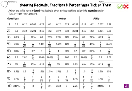 A simple table worksheet (with answers included) where the students fill in the blanks. Comparing Fractions Decimals And Percents Tick Or Trash Number Loving