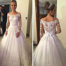 Cheap Off Shoulder Long Sleeve Covered Button Wedding Dresses White Lace Tulle A Line Floor Length Wedding Dresses Beautiful Wedding Dresses Vb01007