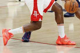 Looking closer, this harden 4 features black mesh and suede on the upper and overlays while red, blue and white detailing is seen throughout. James Harden Scores 59 Points Wearing Adidas Harden Vol 4 Sneakers Footwear News