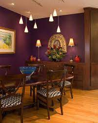 Purple Walls Pendant Lights Rich Brown Wood Table And Cabinet Set On A Light Colored Oak Floor I Living Room Wall Color Purple Living Room Purple Dining Room