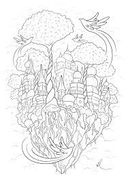 Do you see tall buildings, trees, birds, or airplanes? Floating City In The Sky Konstantinos Liaramantzas Architecture Adult Coloring Pages