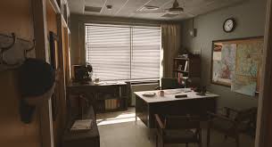 King Wash Laundromat Realistic Scene Building Retro Office Interior Vintage Office