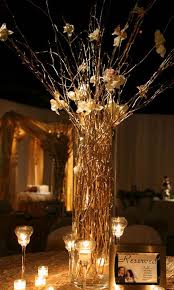 Gold Branches In Cylinder Vase Wedding Centerpieces Flower Centerpieces Wedding Short Wedding Centerpieces