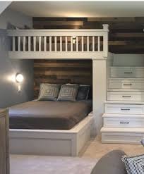 With a room dimension of only 10 x 15 ft this rustic style bunk bed is designed by rocky mountain direct, which is an experienced professional log home builder in victor, montana. Love The Shiplap Rustic Wall And The Bunk Storage In The Stairs For The Lake House Creative Use Of Space Guest Room Design Bunk Beds Built In Bunk Bed Designs
