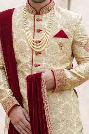 On the morning of any wedding theres a lot of preparation. Royal Classic Beige Sherwani Manyavar Groom Dress Men Wedding Dresses Men Indian Indian Groom Wear