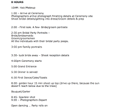 Here is a day of wedding timeline for a ceremony starting at 4 pm and the wedding reception starting at 7 pm Marketing Business Blog Christa Taylor Photography