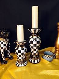 Black And White Candlesticks 2 Whimsical Candlesticks Black White Check Hand Painted Tall Pillar Candle Holder Candle Holders Pillar Candle Holders Candlesticks
