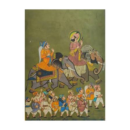 P-354, This artwork appears to be a hand-painted traditional Indian miniature painting on vintage-style paper, depicting a royally decorated stallion in the classic Rajasthani or Mughal style. DM if interested or for
