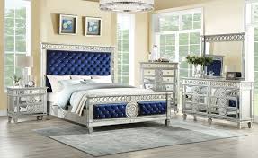 Varian Bold Modern Bedroom Set In Silver Finish With Mirror Fronts Crystal Tufted Dark Blue Upholstered Headboar Bedroom Sets Queen Bedroom Sets Blue Bedroom