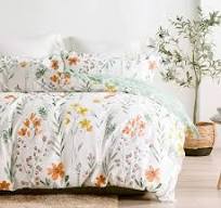 Queen Size Comforter Set Yellow Flowers & Green Botanical Pattern Printed  on White 100% Cotton Fabric, Ultra Soft Microfiber Inner Fill 3PCS Bedding  ...