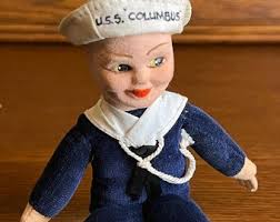 Vintage 8" Norah Wellings "jolly Boy" Sailor Doll, U.S.S. Columbus Navy  Ship, Made in England, Cloth Doll, Blue Velvet Uniform, Circa 1950s