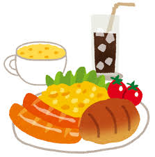 朝食セットのイラスト「パン・スクランブルエッグ・ウインナー・サラダ ...