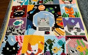 Look at the enticing rainbow yarn lines that blend in beautifully in white body of the blanket. Cute Cats Afghan Free Crochet Patterns