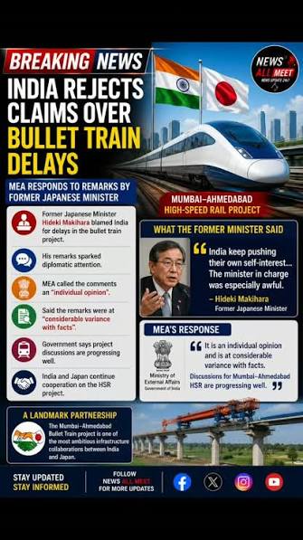 India has strongly pushed back against allegations by a former Japanese  minister that New Delhi is responsible for delays in the Mumbai-Ahmedabad Bullet  Train project. Responding to the remarks, the Ministry of