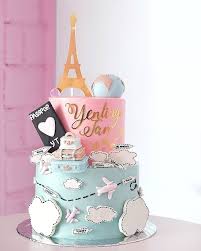 Pink Blue Travel To Paris Cake With Eiffel Tower Topper Travel Cake Paris Cakes Paris Birthday Cakes
