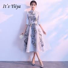 It S Yiiya Vintage High Collar Half Sleeves Embroide Lace Up Formal Cocktail Dresses Tea Length Party Full Tea Length Dresses Formal Cocktail Dress Full Dress