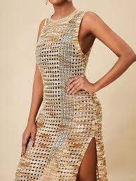 Women's Knit Vest Long Dress Crochet Robes V Neck Elegant Cover Up Dress