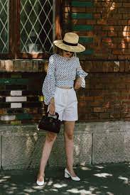 Polka Dot Balloon Sleeve Top Zara White High Waisted Shorts Beara Beara Vintage Inspired Bag Straw Boat Retro Inspired Outfits Outfits Printed Outfit Summer