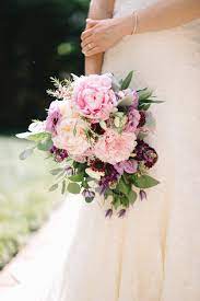 Loose Cascading Bridal Bouquet Of Light Pink Peony Ocean Song Rose Dark Purple Wedding Bridesmaid Bouquets Cascading Bridal Bouquets Bridal Bouquet Peonies