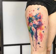 Recently added 38+ watercolor cat tattoo images of various designs. Cat Colorful Watercolor On Womans Thigh