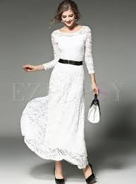 Lace Openwork Belted Long Sleeve Maxi Dress Lace Dress Casual White Lace Maxi Dress White Dress Black Lace