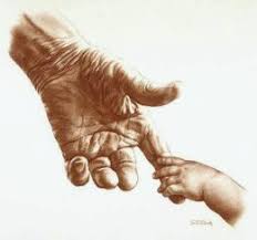 young hand grasping old finger
