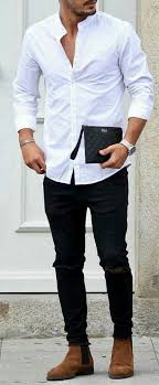 Black And White Button Up Shirt Outfit White Button Down Shirt With Black Ripped Jeans And Brown Boots Mensfashion Menswear Menstyle Bes Jeans Outfit Men Mens Black Jeans Outfit Black Jeans Men