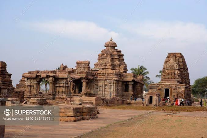 Mallikarjuna Temple on the right Kashivishvanatha Temple; Pattadakal ; UNESCO World Heritage site; Chalukya built in 733 A.D - 745 A.D ; District Bagalkot ; Deccan plateau; Karnataka ; India - SuperStock