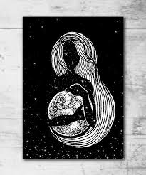 Abstract Black And White Illustration Art Embrace Art Print Outer Space Wall Decor Psychedelic Black And White Illustration Abstract Moon Galaxy Poster Gift For Her Original Ink Drawing Space Art Art