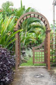 70.9x28.3 pet gate,baby gate,magic gate portable folding mesh gate safe guard isolated ，indoor and outdoor safety gate install anywhere 2.8 out of 5 stars 831 $19.99 $ 19. Wooden Arbor With Close On Half Gate In Garden Wooden Arched Entrance To The Backyard Stock Photo Picture And Royalty Free Image Image 104520088