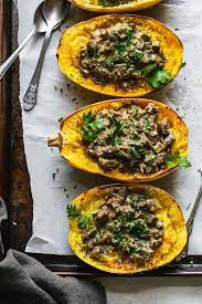 Vegan Creamy Mushroom Spaghetti Squash Boats Nut Free Plant Based Recipe Vegan Spaghetti Squash Spaghetti Squash Recipes Spaghetti Squash