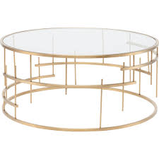 Nuevo Modern Furniture Hgde159 Tiffany Round Coffee Table Clear Glass Brushed Gold Stainless Steel Geometric Base Gold Coffee Table Metal Coffee Table Glass Coffee Table This transparent glass coffee table this stunning gold coffee table is right at home in your glam tribeca loft or park ave penthouse.