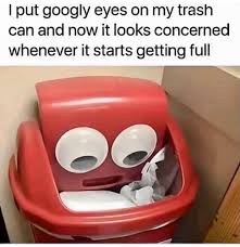 Hey folks, Luigi here to explain. This meme shows a red trash can with  giant googly eyes stuck on the lid, paired with the caption "I put googly  eyes on my trash
