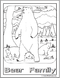 This bear family coloring page shows a mamma and two cubs in the woods with mountains in the background. Bear Coloring Pages Grizzlies Koalas Pandas Polar And Teddy Bears