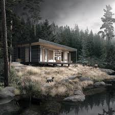 Project And Render Of A Small Lake Cabin In The Woods Near Augustow Poland Contemporary Cabin Lake Cabins Small Lake Cabins