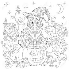 Rd.com pets & animals cats we humans certainly know that there's a lot going on in the lives of cat. Halloween Coloring Page Cat In A Hat Halloween Pumpkin Spider Web Lanterns With Candles Moon And Stars Freehand Sketch Drawing For Adult Antistress Coloring Book In Zentangle Style Royalty Free Cliparts Vectors