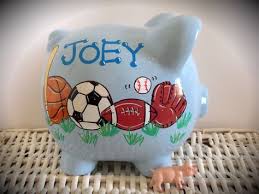 A personalized piggy bank with your child's name will be something to cherish forever. Personalized Hand Painted Piggy Bank With Sports Theme Money Boxes Piggy Banks Piggy Bank Cute Piggies Pig Bank