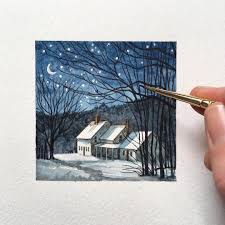 Astrid Sheckels Art On Instagram Finally Our Snowy Winter Has Arrived In New England Snow Winter Lands Art Night Illustration Painting Illustration