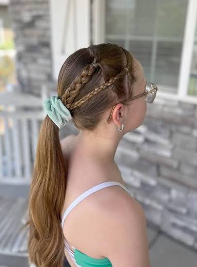 Pretty dance hairstyle on my tween today! Two side braids with the second one flipped into a low ponytail.