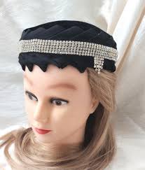 Women's Hat Black Velvet With Rhinestones, One Size, Cloche, Pill Box,  Halo. A One of a Kind Custom Designed Hat by the Peach of Las Vegas.