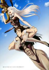 hiroe rei, koko hekmatyar, sofia valmer, jormungand (manga), absurdres,  highres, 2girls, abs, animal ears, assault rifle, black hair, blue eyes,  blush, bodystocking, bow, bowtie, carrying, cloud, cuff links, detached  collar, fake animal