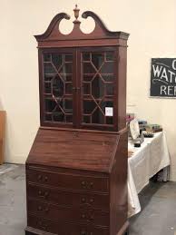 White vintage secretary desk with space storage. Lot 45 Vintage Secretary Desk W Display Hutch Estatesales Org