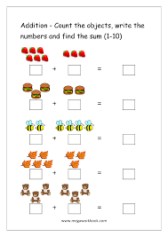 free printable number addition worksheets 1 10 for kindergarten and grade 1 addition on number line addition with pictures objects megaworkbook