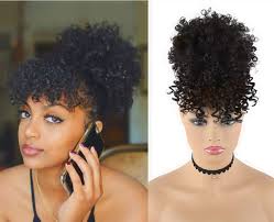 Unless you can get all of your hair into the fabric scrunchie, skip it altogether and opt for a satin bonnet or scarf. Amazon Com Cinhoo Afro High Puff Hair Bun Ponytail Drawstring With Bangs Synthetic Short Kinkys Curly Pineapple Pony Tail Clip In On Wrap Updo Hair Extensions For African American Women Black