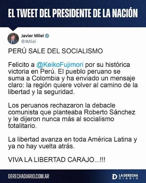 El presidente Javier Milei reconoció a Keiko Fujimori como presidente ... | TikTok