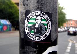 .refugees throughout uk thanks to @aameranwar for his smooth handling & bringing about a happy ending to a day in a glasgow street that started so shamefully #refugeeswelcome in scotland. Sticker Conspiracy Celtic Created By Immigrants Refugees Welcome