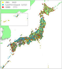 Physical map of japan showing major cities, terrain, national parks, rivers, and surrounding countries with international borders and outline maps. Japan Meteorological Agency